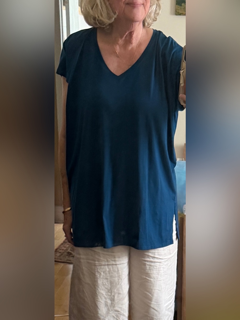 Beautiful and Stylish Eileen Fisher V-Neck Short Sleeve Tunic in Teal